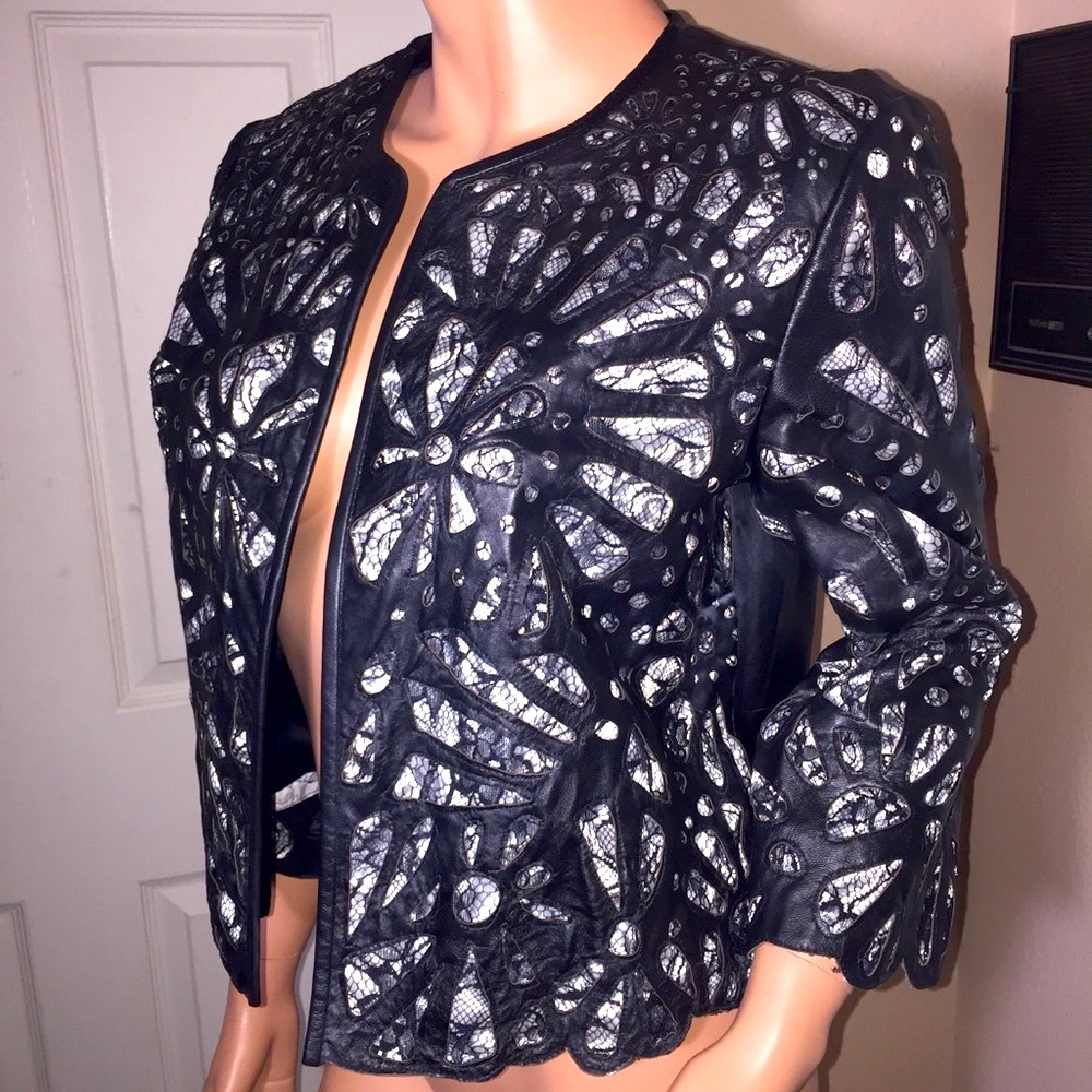 Vintage Cache Leather cut out/Lace Jacket 3/4 Sleeves 🤍🖤